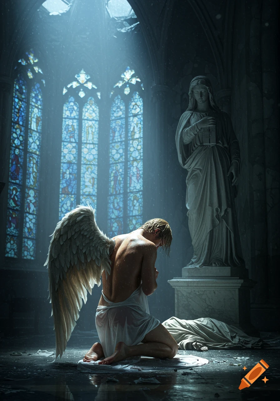A fallen angel with wet golden-blond hair kneels in a ruined gothic church, wearing a wet white cloth, under a beam of moonlight.