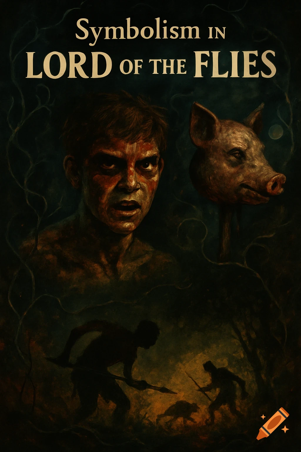 A dark, symbolic Lord of the Flies poster featuring a painted boy, a pig's head on a stick, and shadowy hunters.