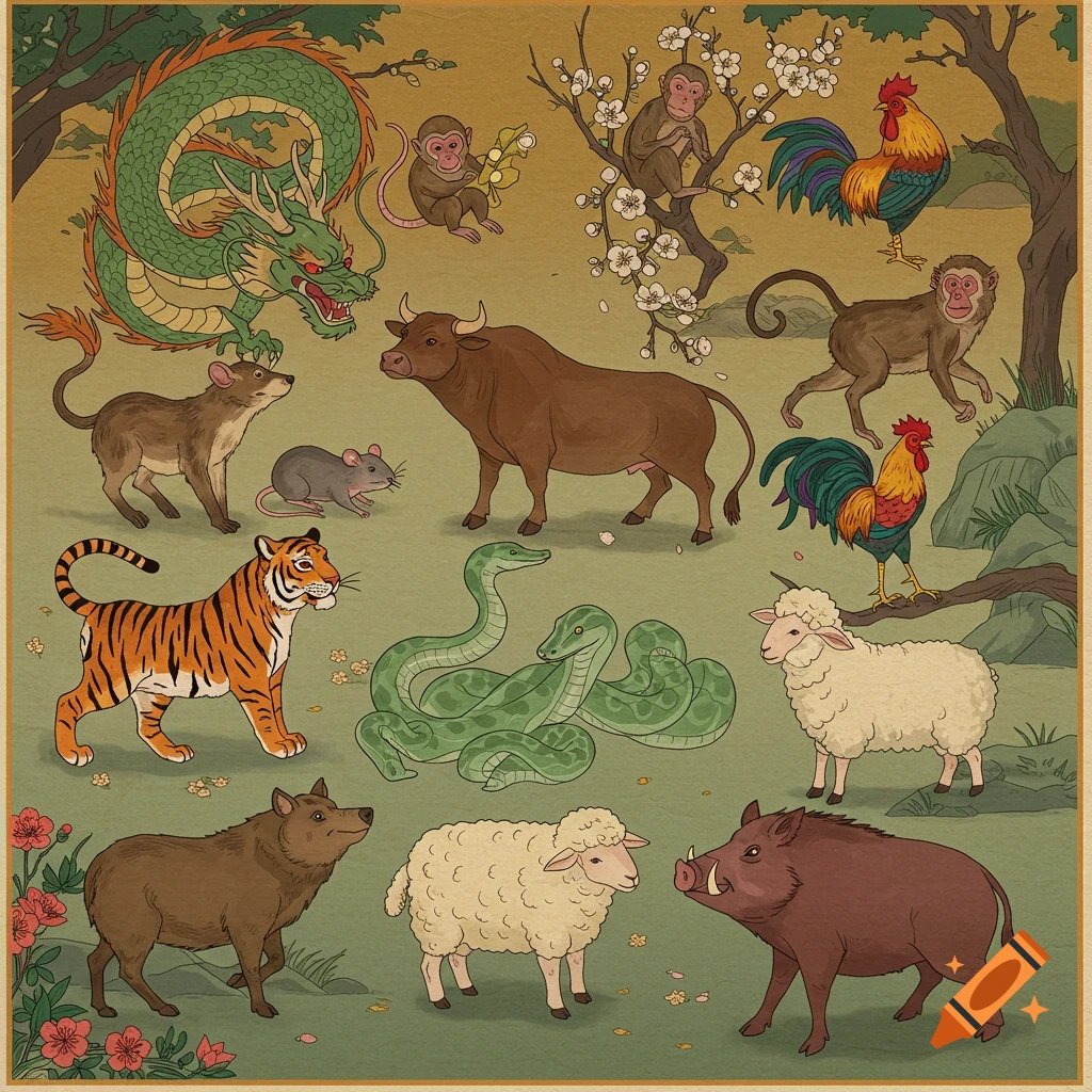 A colorful illustration featuring various animals of the Japanese zodiac, including a dragon, tiger, ox, snake, monkeys, roosters, sheep, rat, dog, and boar.