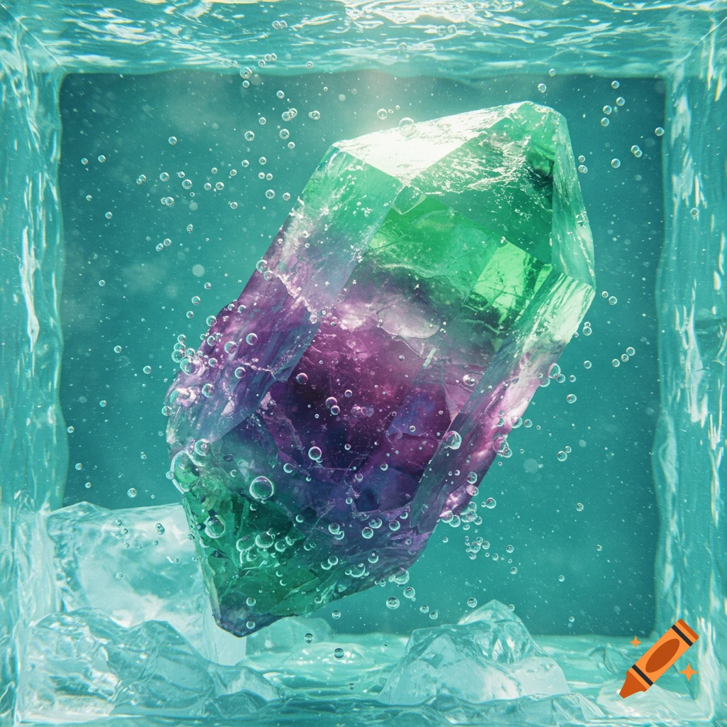 A vibrant purple and green fluorite crystal submerged in clear, bubbly water with ice chunks, illuminated by a bright light.