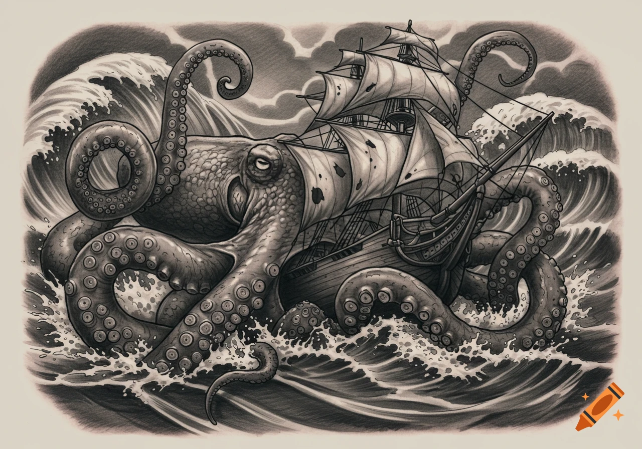 Tattoo-style illustration of a giant octopus sinking a sailing ship in stormy seas.