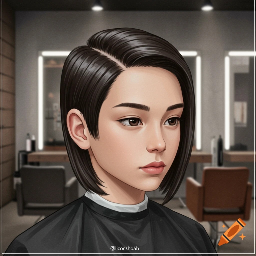 Anime-style portrait of a person with a slick, dark, side-parted bob haircut in a salon.