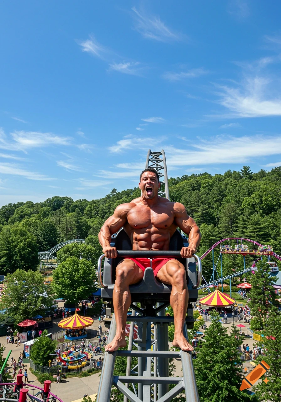 A muscular bodybuilder in red shorts screams excitedly while riding a rollercoaster, with an amusement park and blue sky in the background.