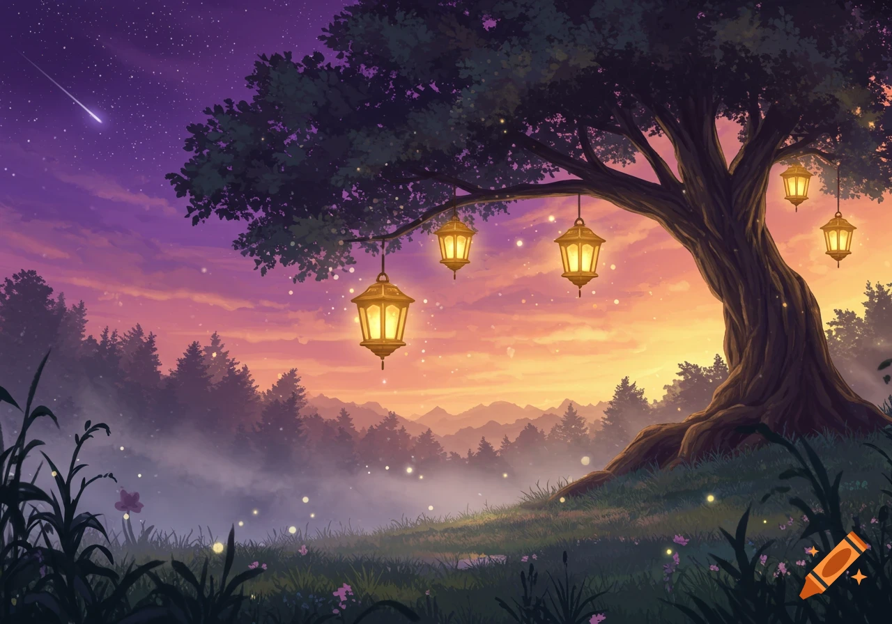 A large tree with glowing lanterns in a mystical forest at sunset, with ...