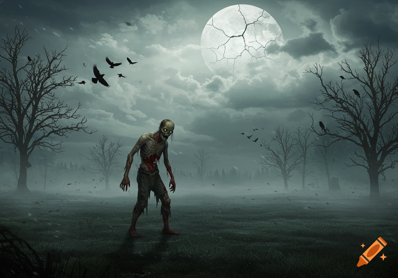 A gaunt zombie with glowing eyes and exposed ribs stands in a foggy field under a cracked full moon, surrounded by bare trees and flying crows.
