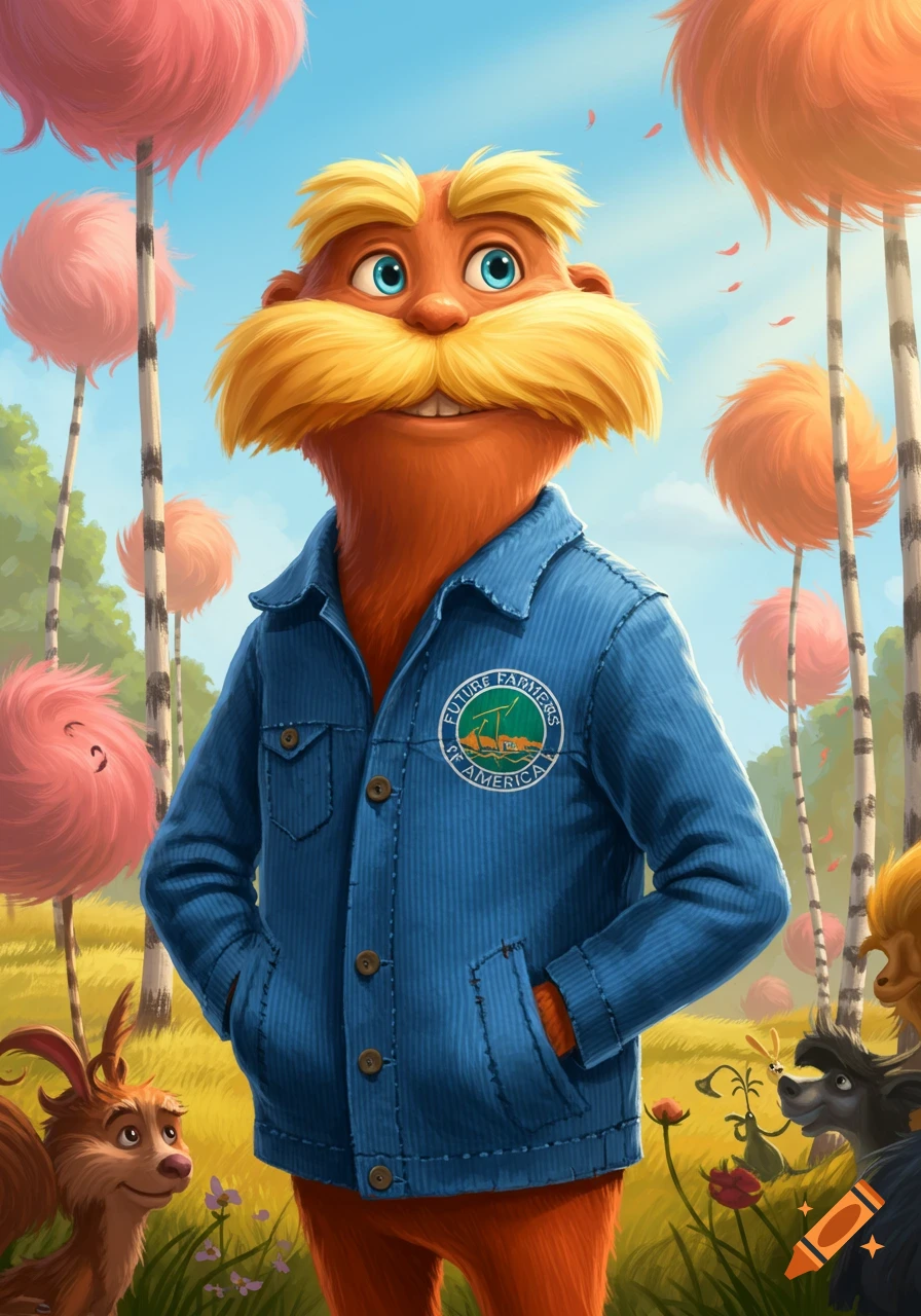 The Lorax smiles in a blue corduroy jacket with an FFA patch, standing in a vibrant Dr. Seuss forest with whimsical trees and animals.