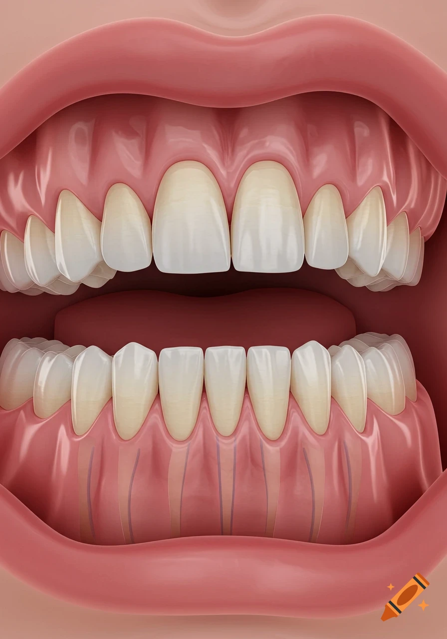 A highly detailed 3D rendering of the inside of a human mouth, showing the upper and lower teeth, gums, and faint root structures beneath the gums.