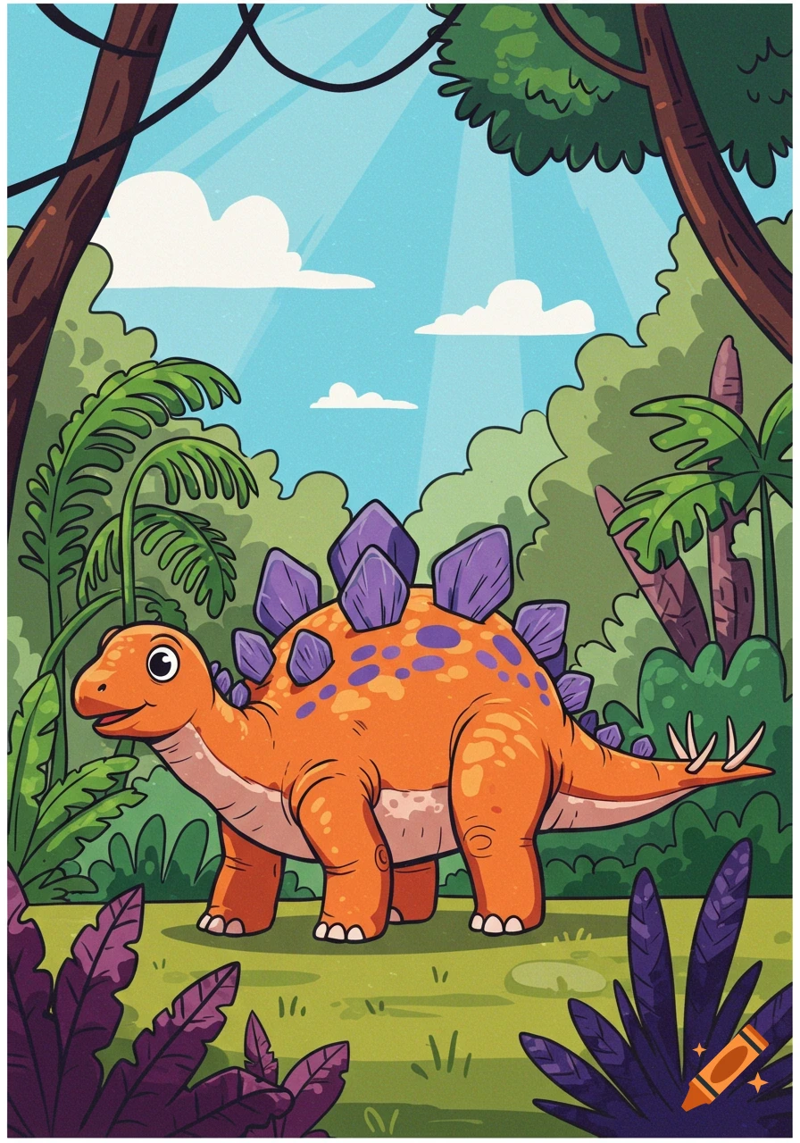 A vibrant cartoon stegosaurus with orange skin and purple plates stands in a lush green jungle under a blue sky with sunlight.