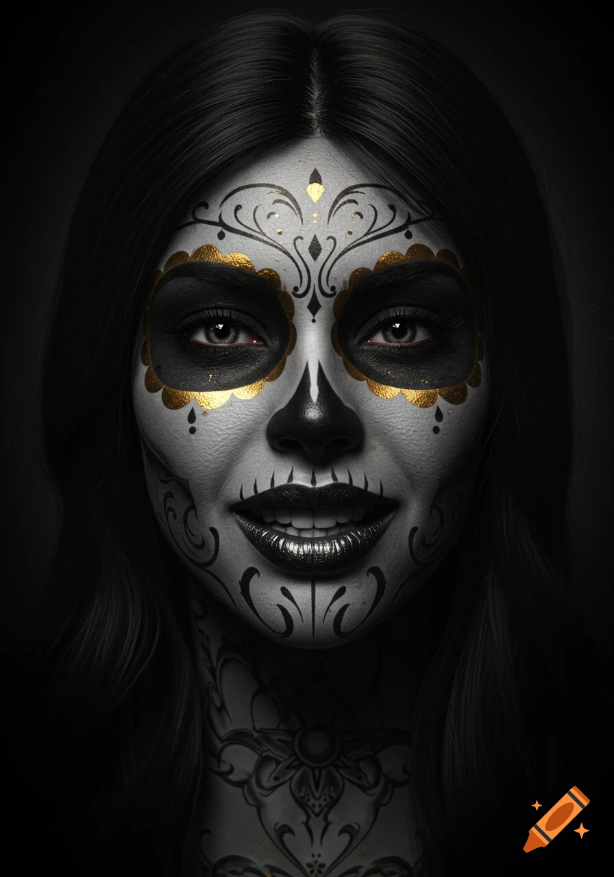 Photorealistic portrait of a woman with elaborate black and gold Day of the Dead makeup and intricate patterns on her face and neck.