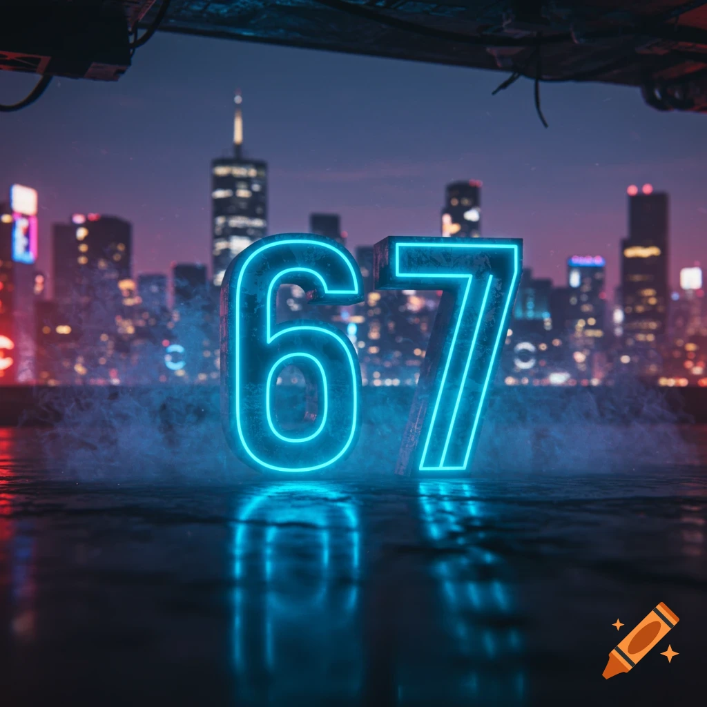 Bright neon blue numbers '67' glow against a blurry futuristic city skyline at night, reflected on a wet surface.
