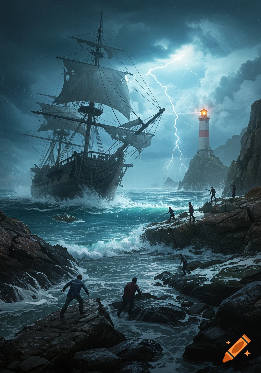 A large sailing ship battles a stormy sea near a lighthouse and a rocky coast, with sailors on the rocks as lightning flashes.