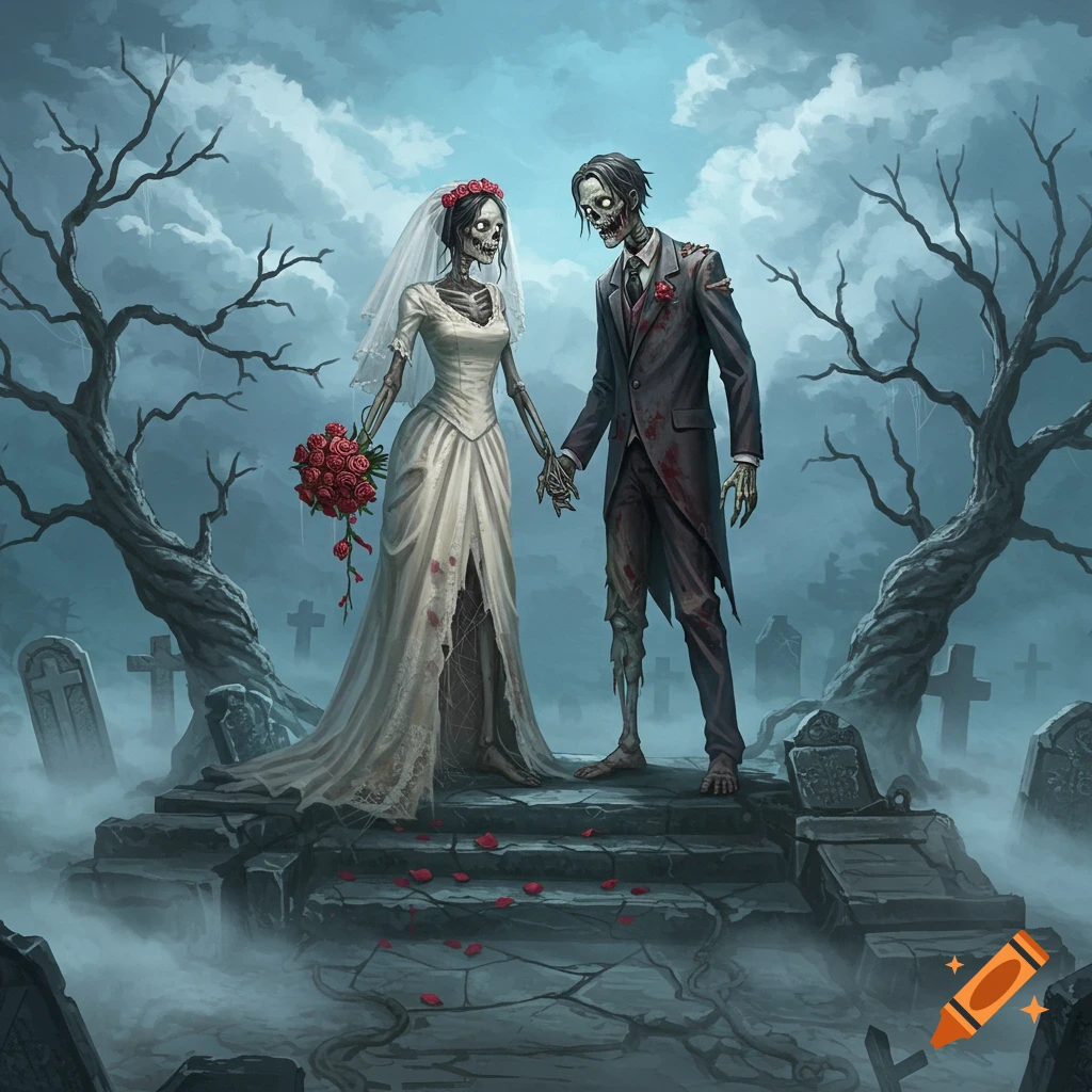A dark fantasy illustration shows a zombie bride and groom holding hands in a misty graveyard with bare trees.