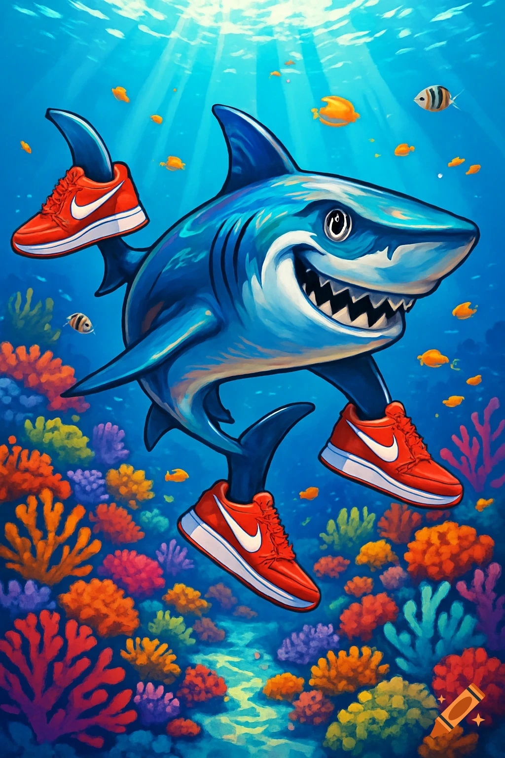 A cartoon shark with a wide grin swims underwater among colorful coral and small fish, wearing four red Nike sneakers.
