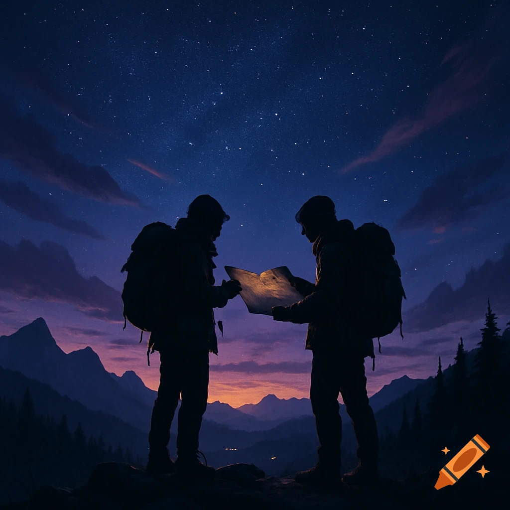 Two hikers silhouetted against a vibrant starry night sky with mountains and a sunset glow, looking at a map.