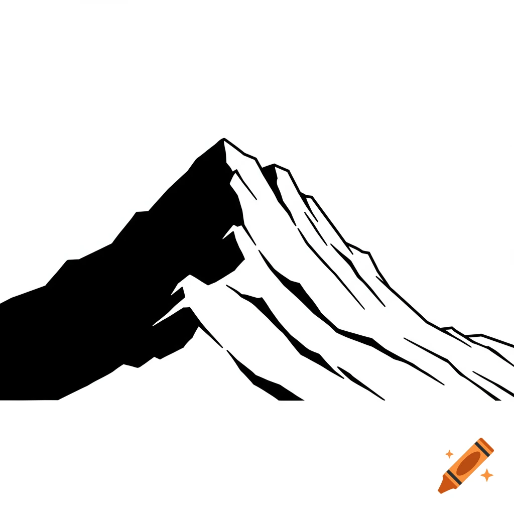 A simple black and white silhouette illustration of a rugged mountain peak.