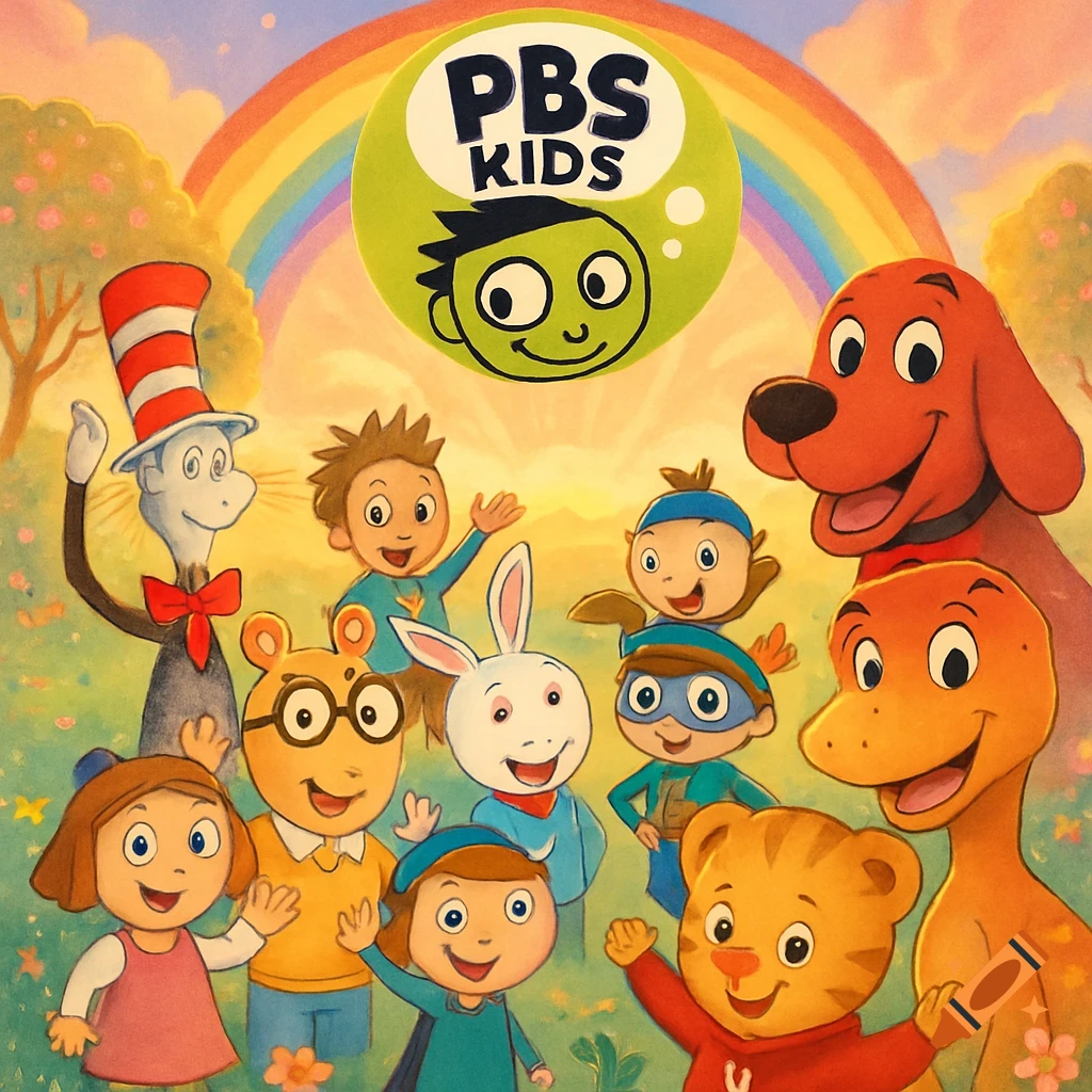 PBS Kids characters including Cat in the Hat, Arthur, and Clifford smile in a colorful field with a rainbow and the PBS Kids logo.