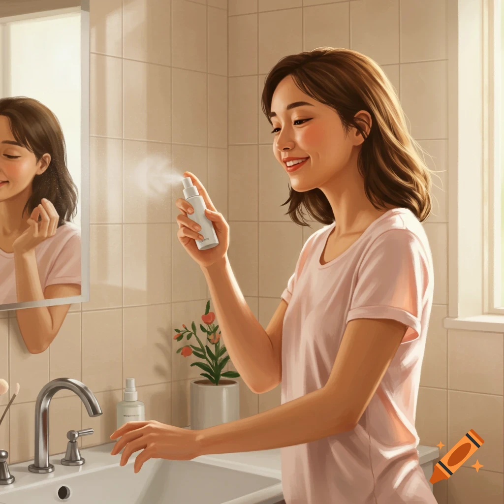 A smiling young woman in a pink shirt sprays skincare product on her arm in a sunlit bathroom, with her reflection in the mirror.