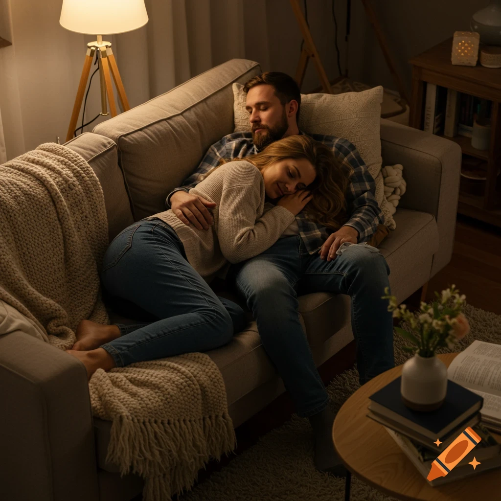 A photorealistic image of a couple cuddling on a couch in a cozy, dimly lit living room.