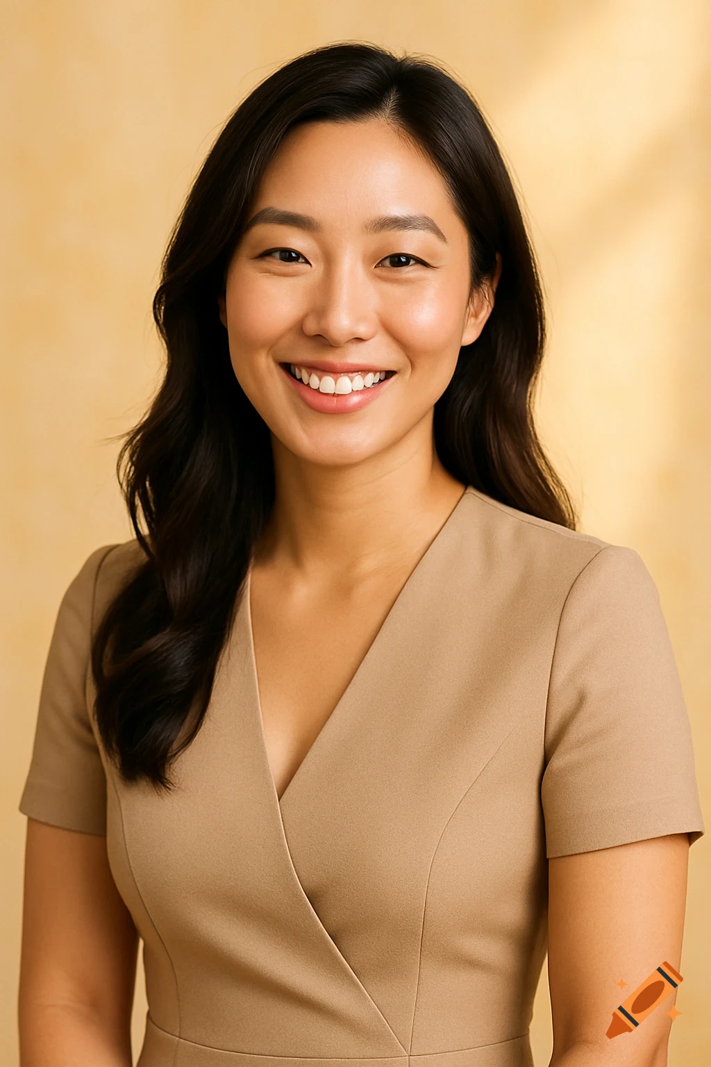 A smiling East Asian woman with dark hair in a professional, light-brown outfit against a warm, bright background.