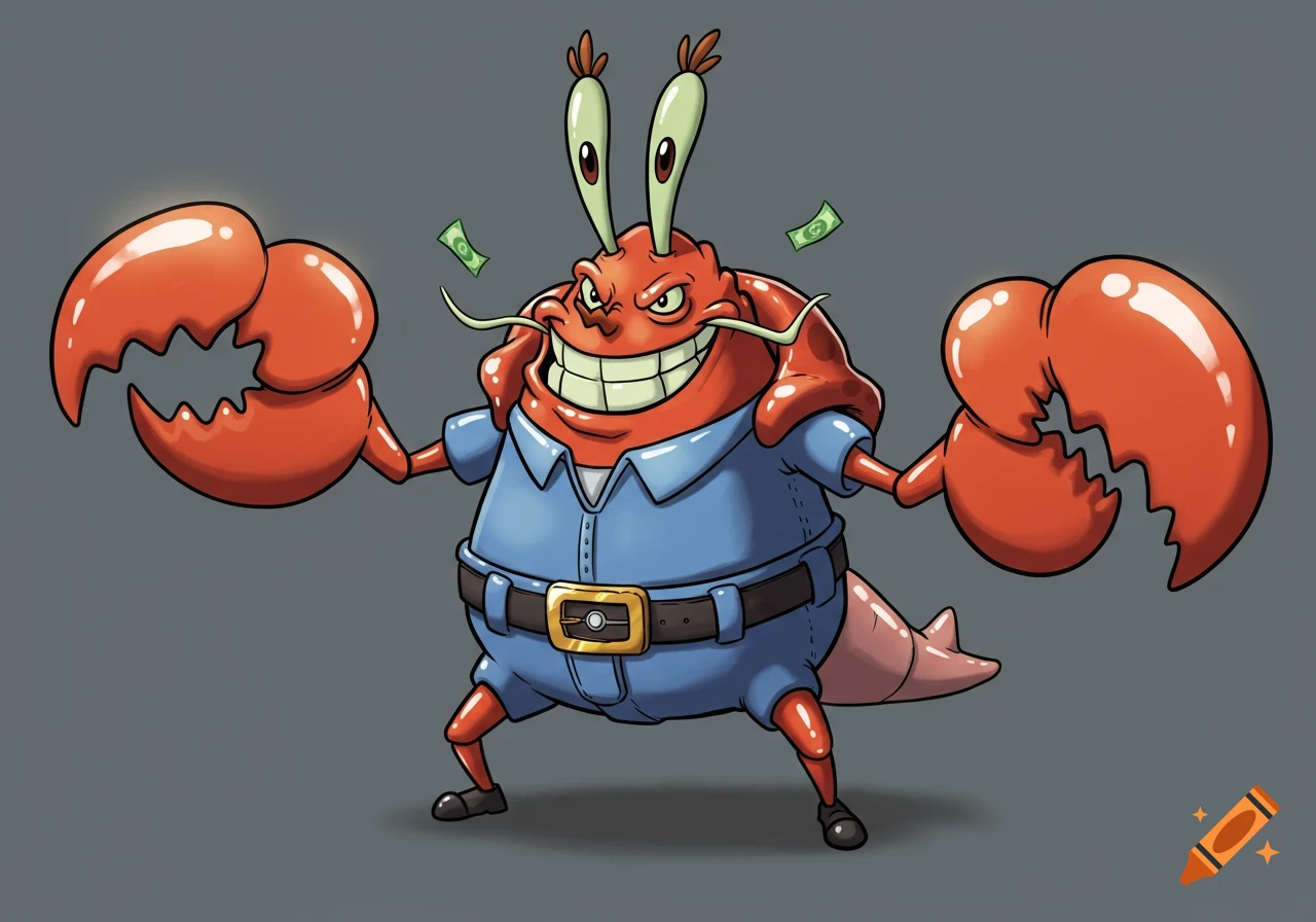 A cartoon red crab-like character, King Krabs, wearing a blue shirt and belt, with money bills floating around him.