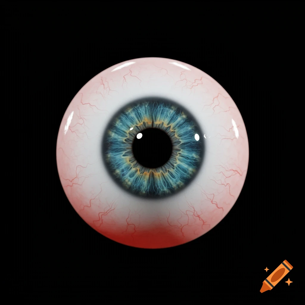 A detailed, realistic blue and green human eyeball with red veins on a black background.