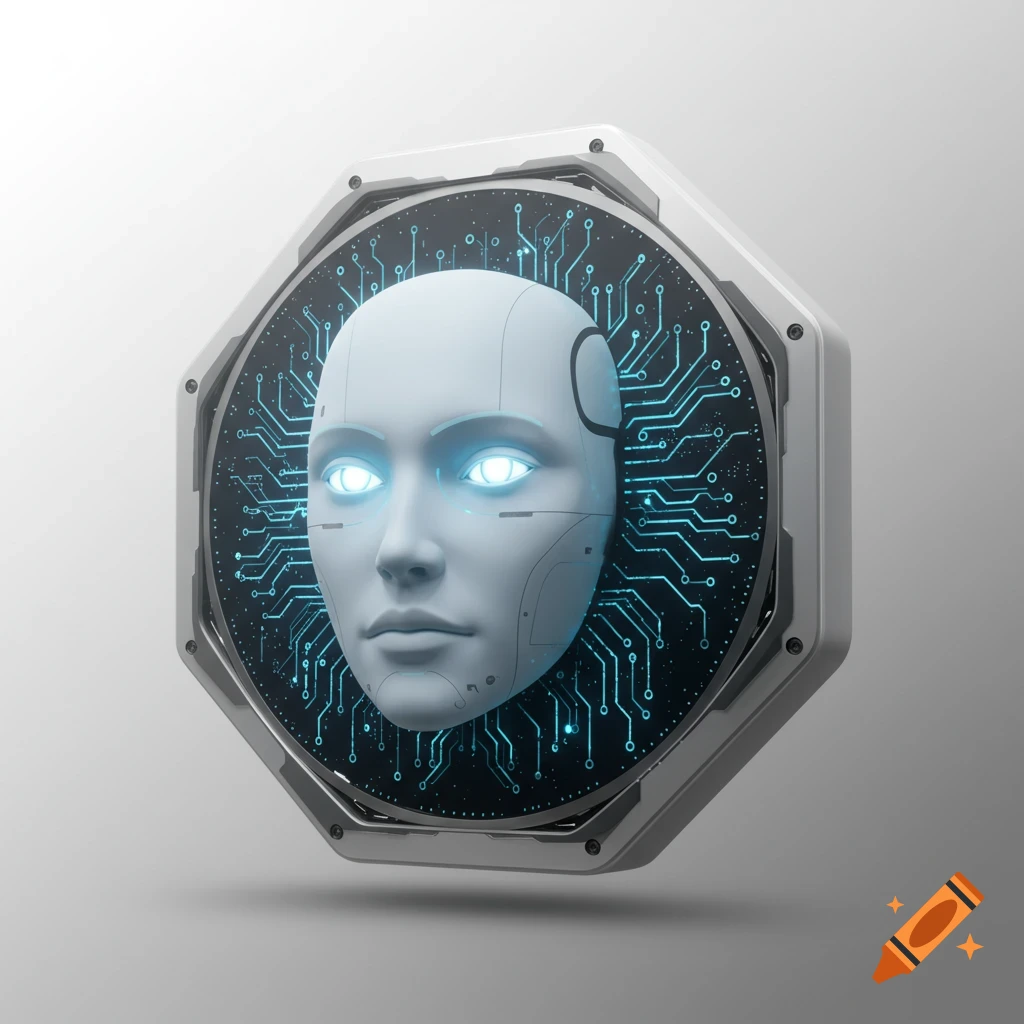 A stylized icon featuring a white robot head with glowing blue eyes, set against a black circuit board in an octagonal frame.