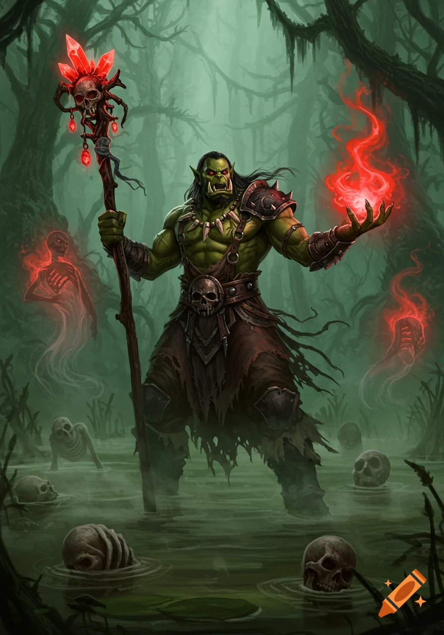 An evil orc shaman stands in a murky swamp, holding a skull-topped staff and casting blood magic with red energy.