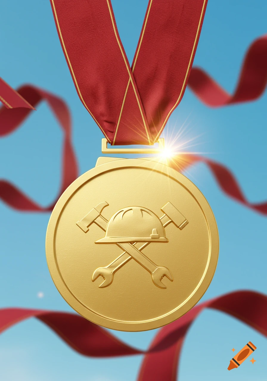 A gleaming gold medal featuring a hard hat, crossed hammer, and wrench, hanging from a red ribbon against a clear blue sky.