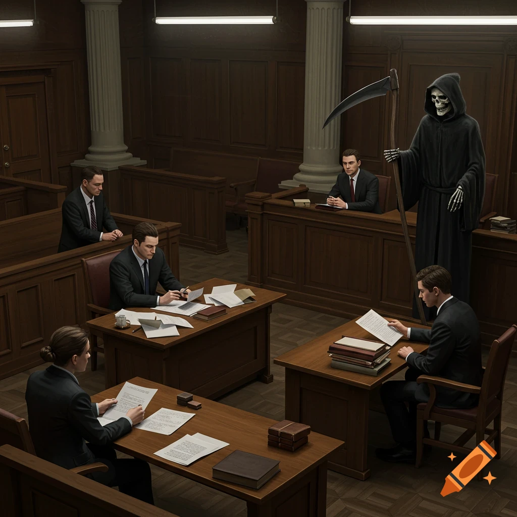 A stylized courtroom scene with lawyers at tables and the Grim Reaper, a hooded skeletal figure with a scythe, standing in the background. The lawyers are seated, engaged with papers on their desks.