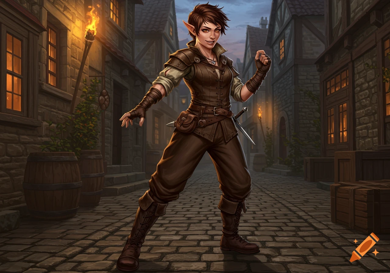 A confident female half-elf with short brown hair, dressed in brown medieval leather armor, stands on a cobblestone street at dusk.