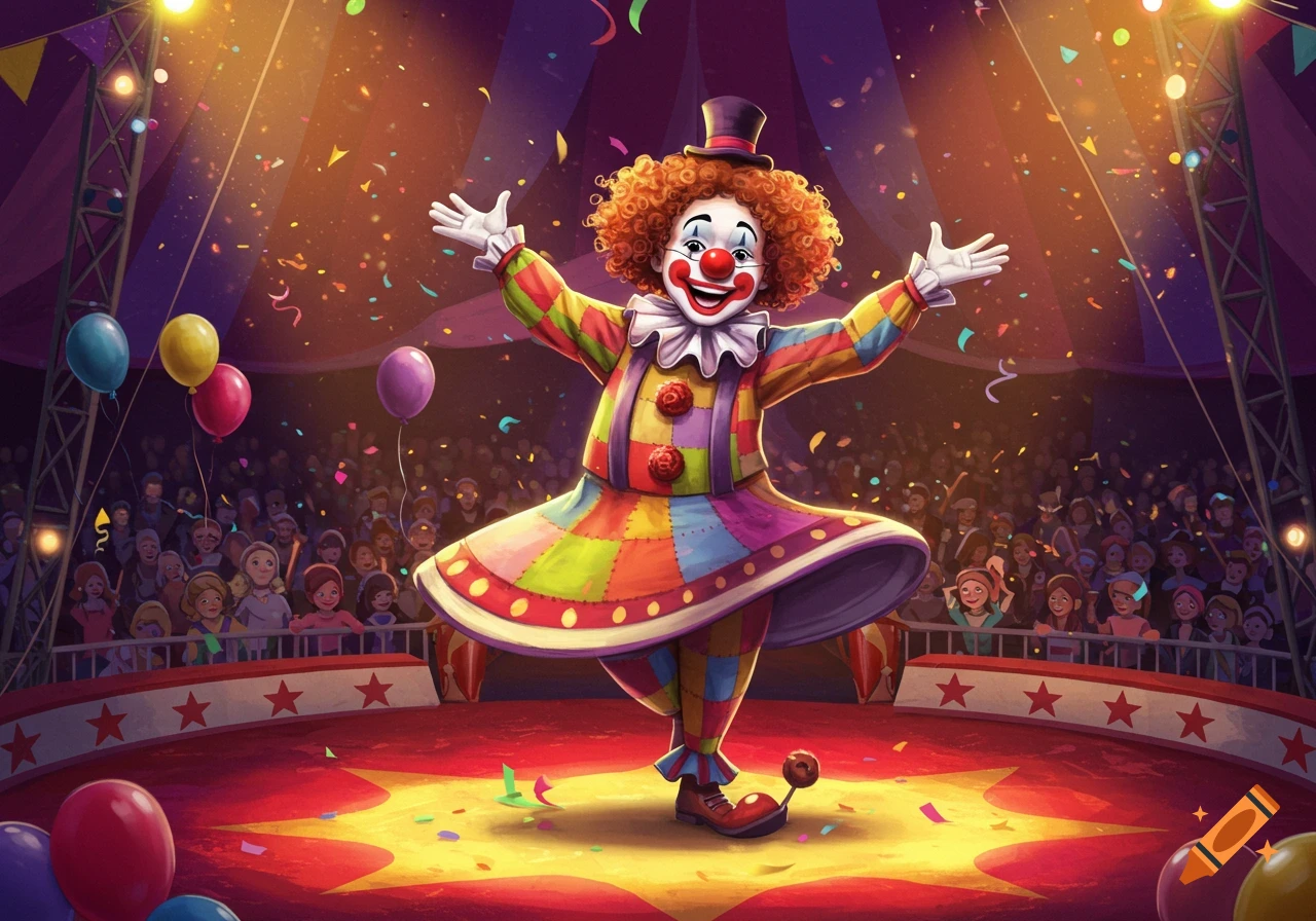 A cheerful clown with red curly hair and a colorful patchwork costume dances on a spotlighted circus stage, surrounded by confetti and an audience.