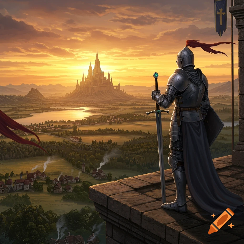 A knight in shining armor stands on a castle wall, looking over a sprawling kingdom and majestic castle at sunset.