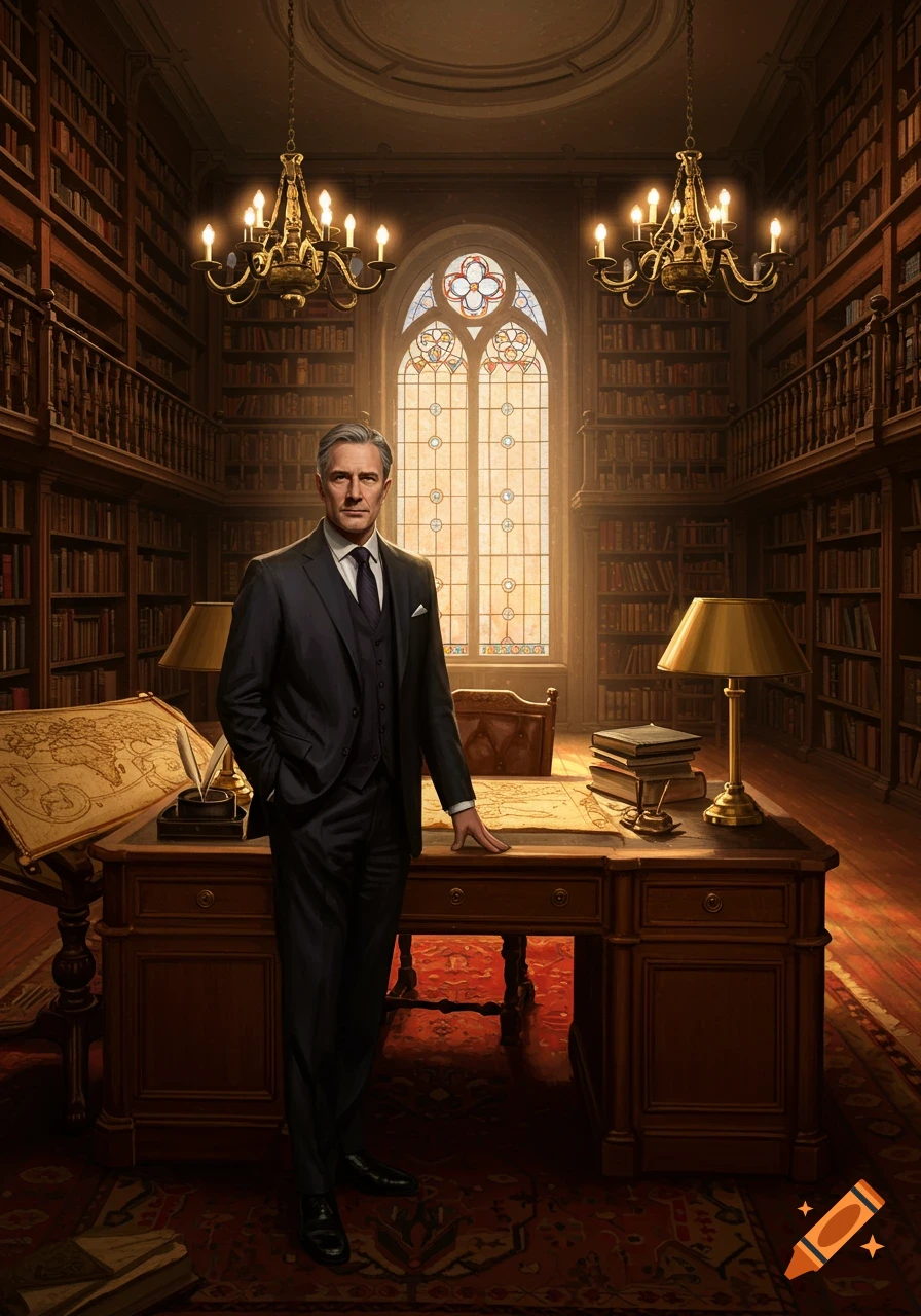 A distinguished man in a suit stands in a grand, wood-paneled library ...