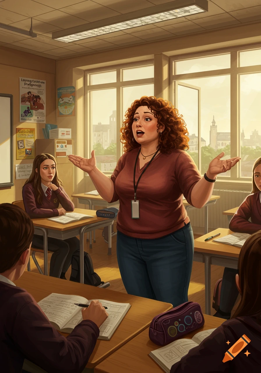 A red-haired female teacher gestures animatedly while speaking to students in a sunlit classroom, illustrated style.