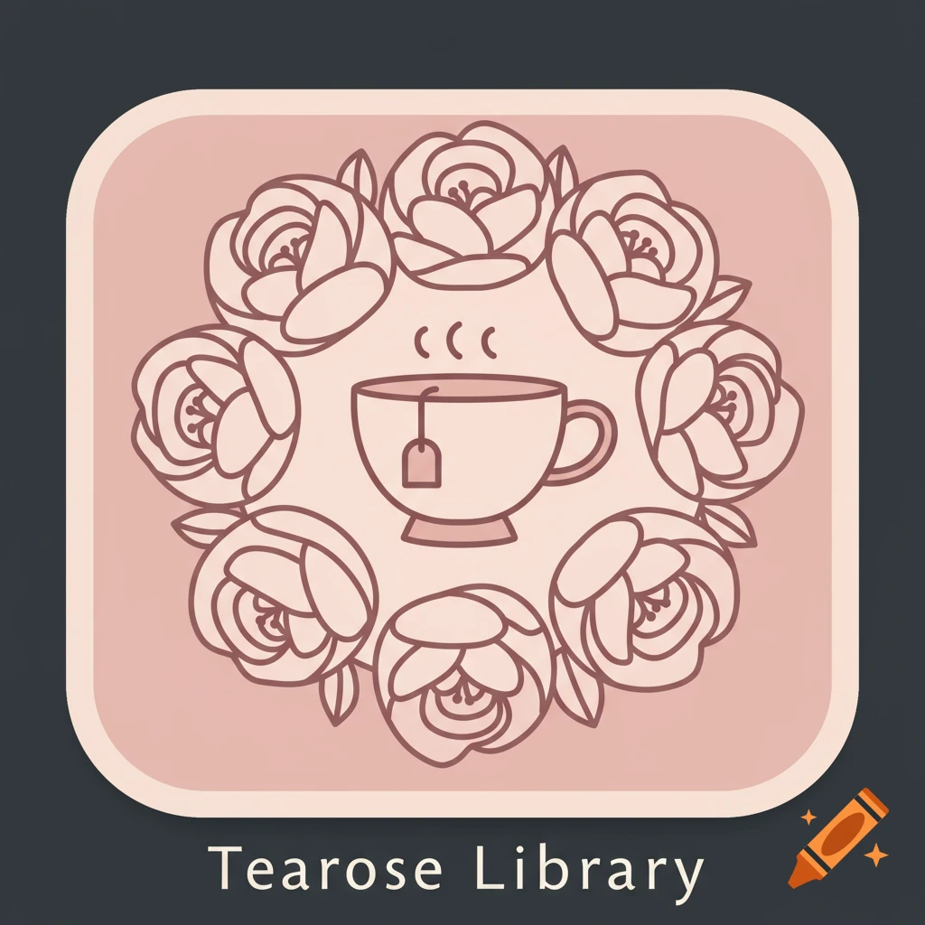 A minimalist logo for Tearose Library featuring a teacup surrounded by roses in pink and brown tones.