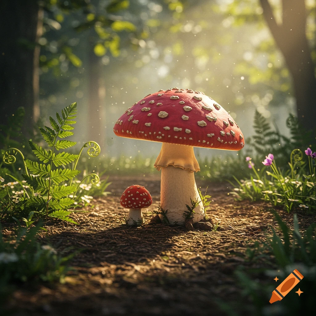 Two red and white spotted mushrooms, one large and one small, stand on a forest path bathed in dappled sunlight.
