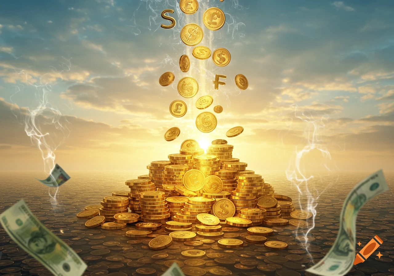 A large pile of golden coins under a dramatic sky, with more coins and dollar bills falling around it, representing wealth.