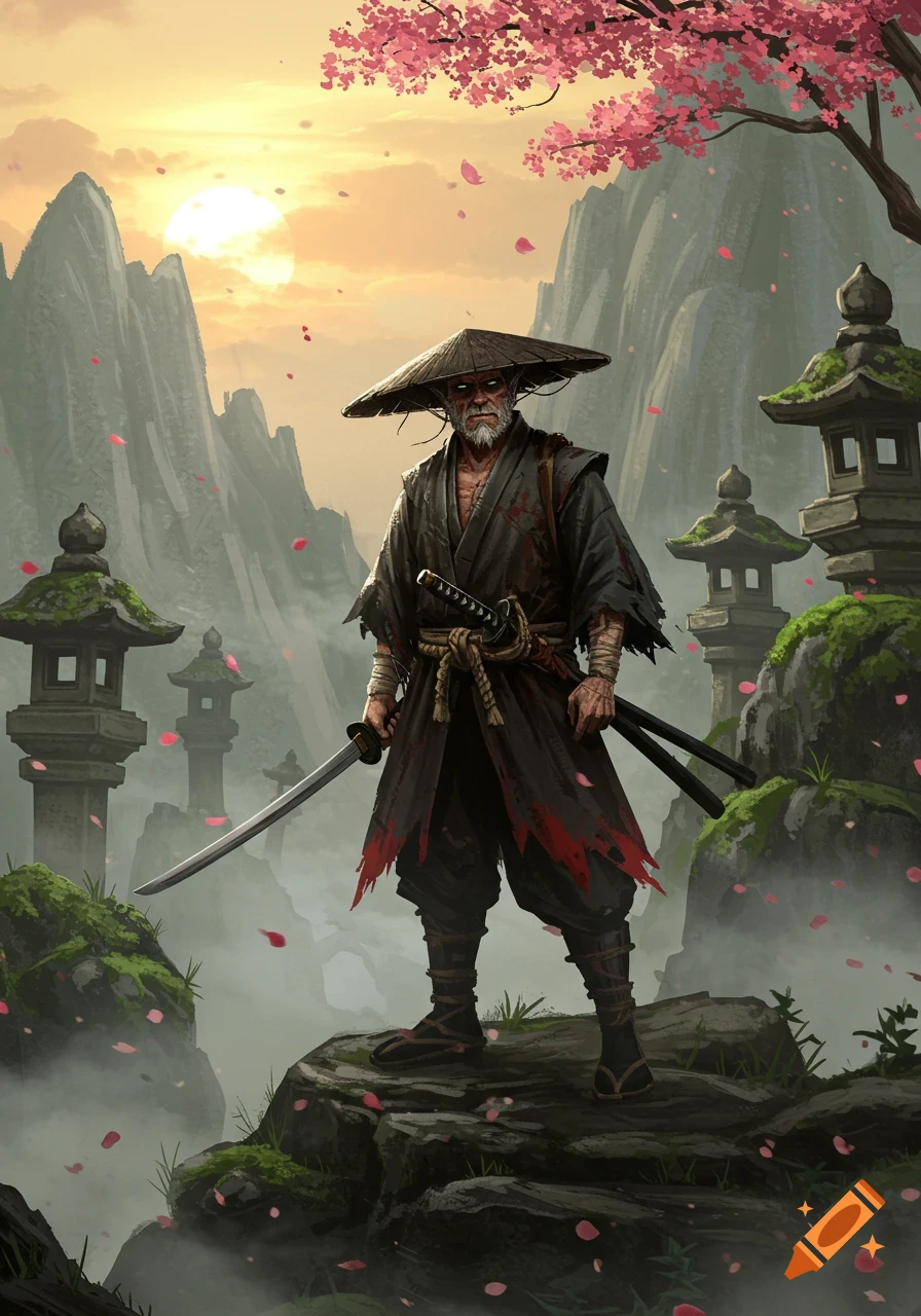 An old samurai in a straw hat with two swords stands on a rocky outcrop amidst misty mountains and cherry blossoms at sunset, in a fantasy art style.