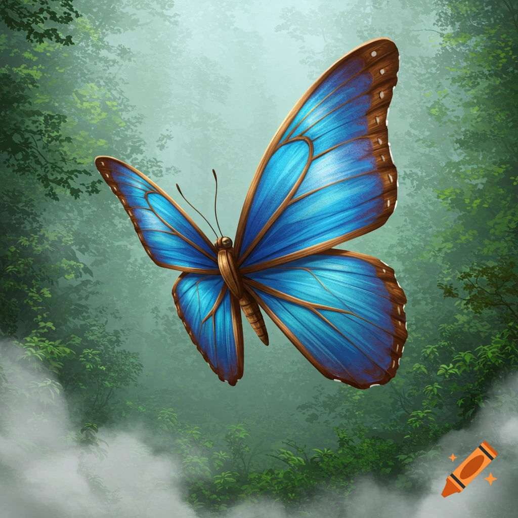 A detailed illustration of a blue butterfly with plywood textured wings floating in a misty green forest.