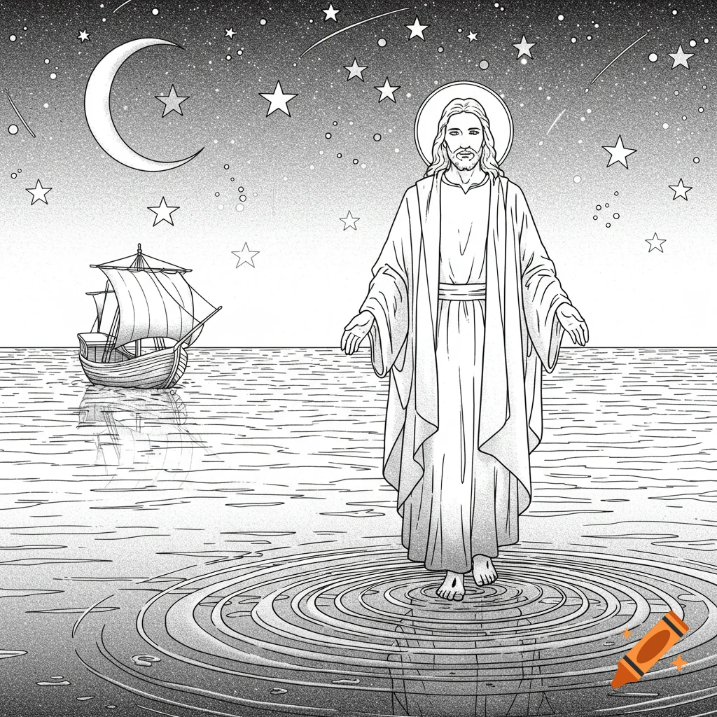 Line art coloring page of Jesus Christ walking on water under a starry night sky with a boat in the background.