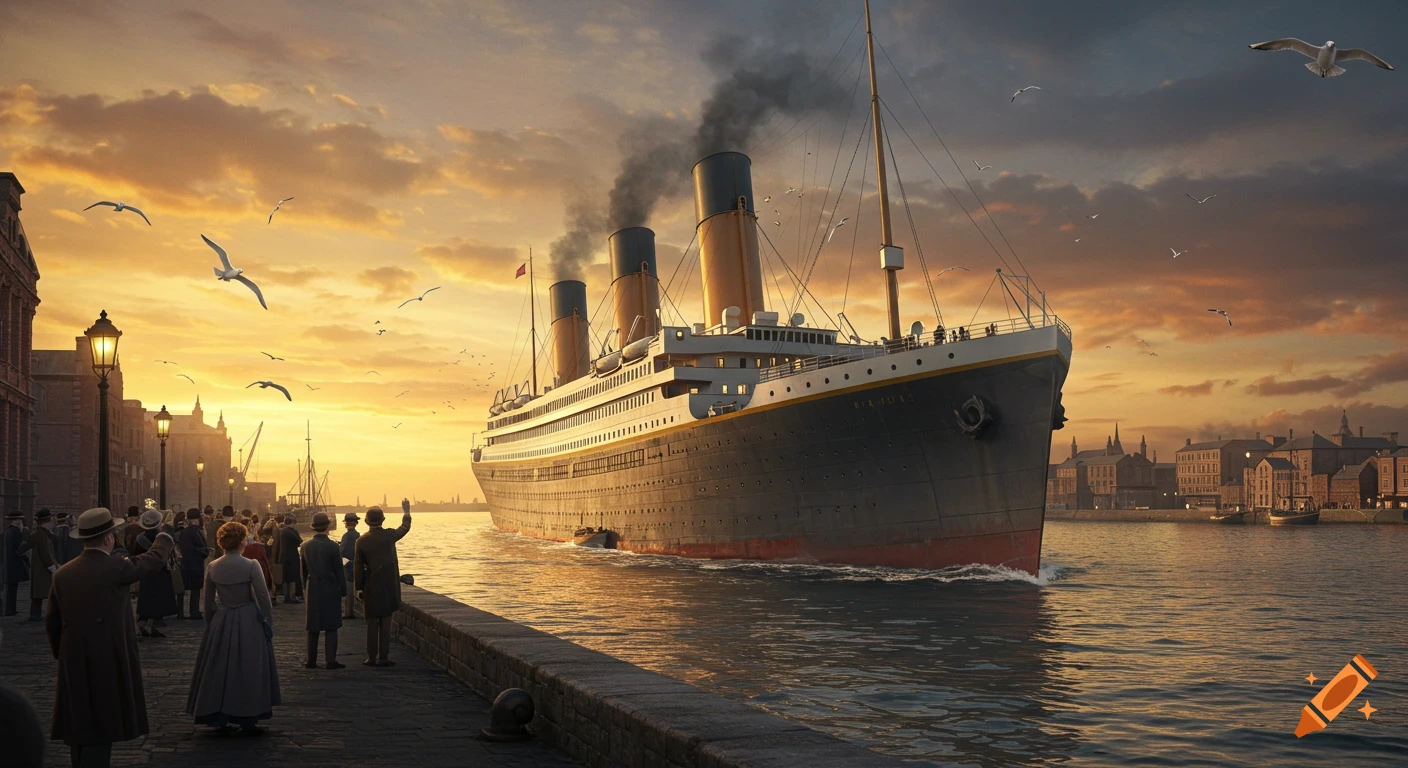 A majestic passenger liner, resembling the Titanic, departs a bustling port at sunset, with crowds waving from the dock. Photorealistic.