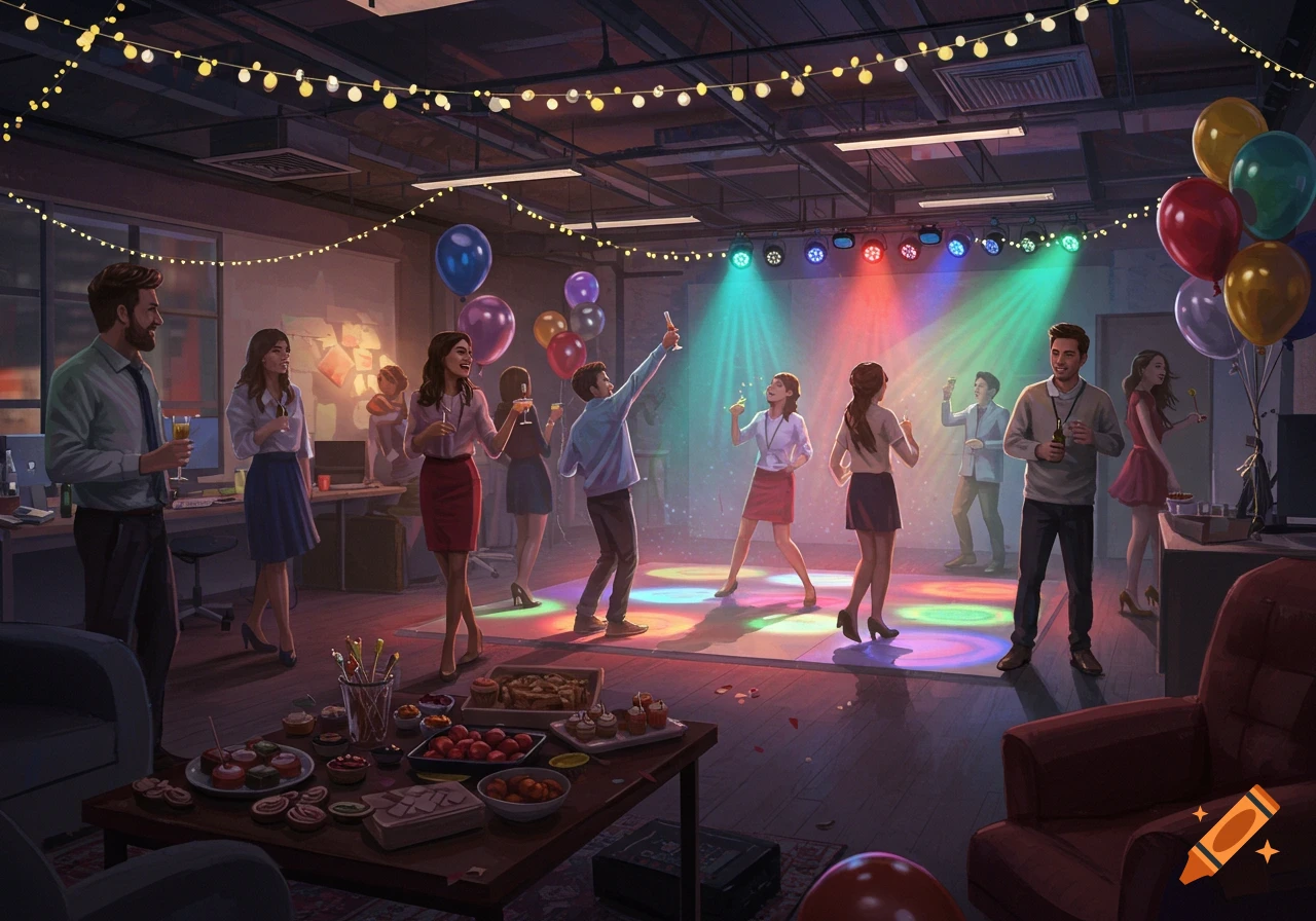 An animated illustration of an office party with people dancing under colorful lights, holding drinks, and mingling. A table in the foreground is laden with snacks.