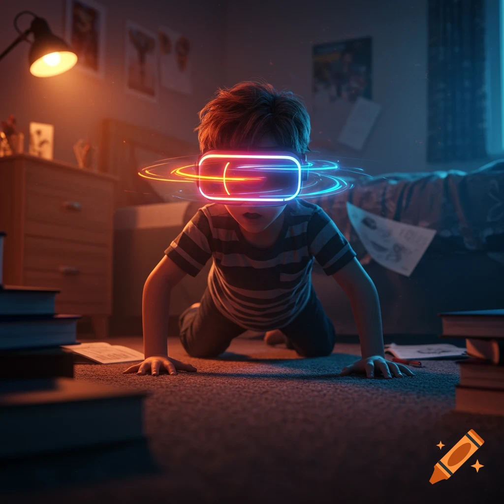 A young child, wearing a glowing VR headset, crawls on the carpeted floor of a dimly lit bedroom.