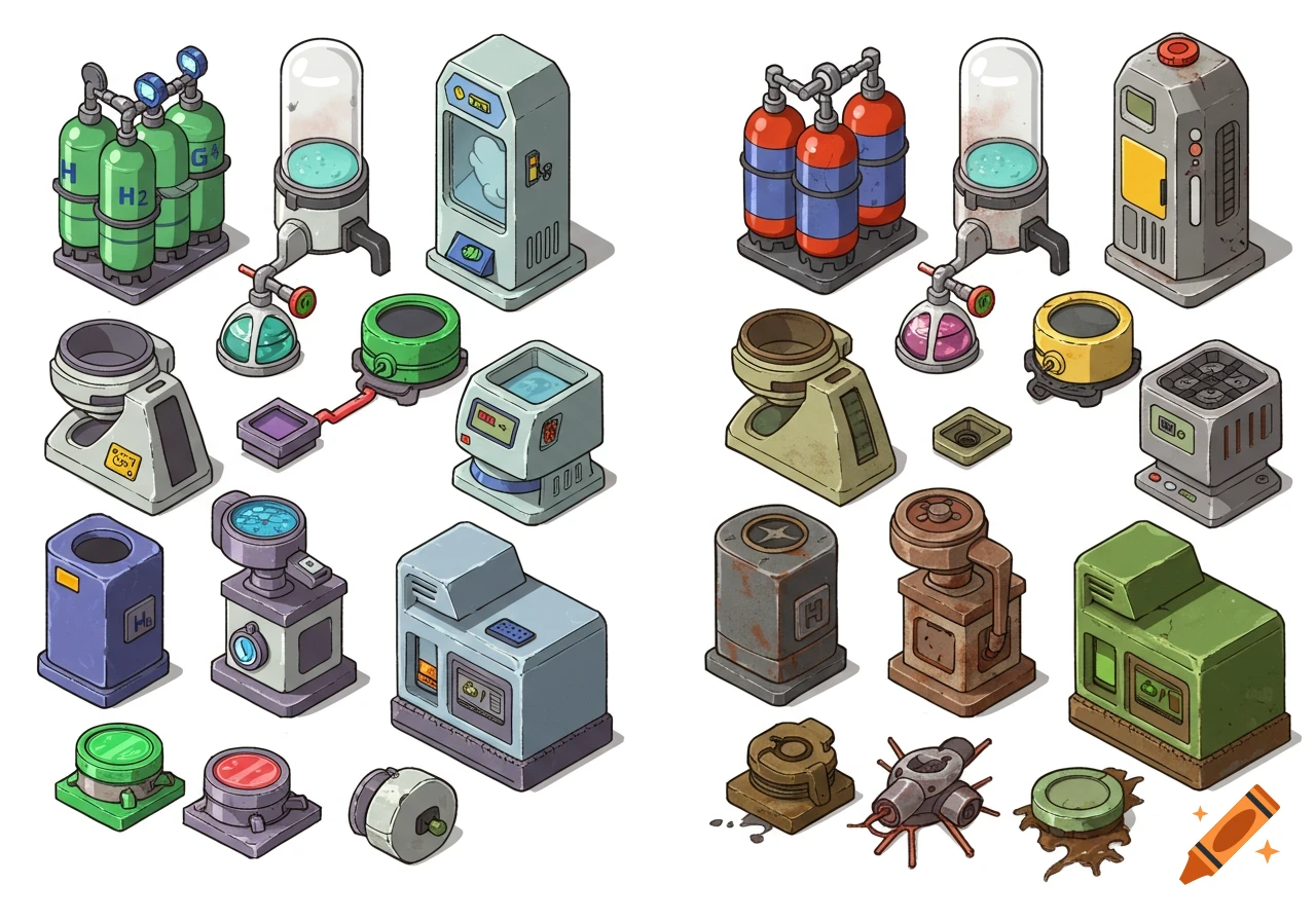 Isometric cartoony sprite sheet of various new and rusted chemical element tools, including hydrogen tanks and lab equipment.