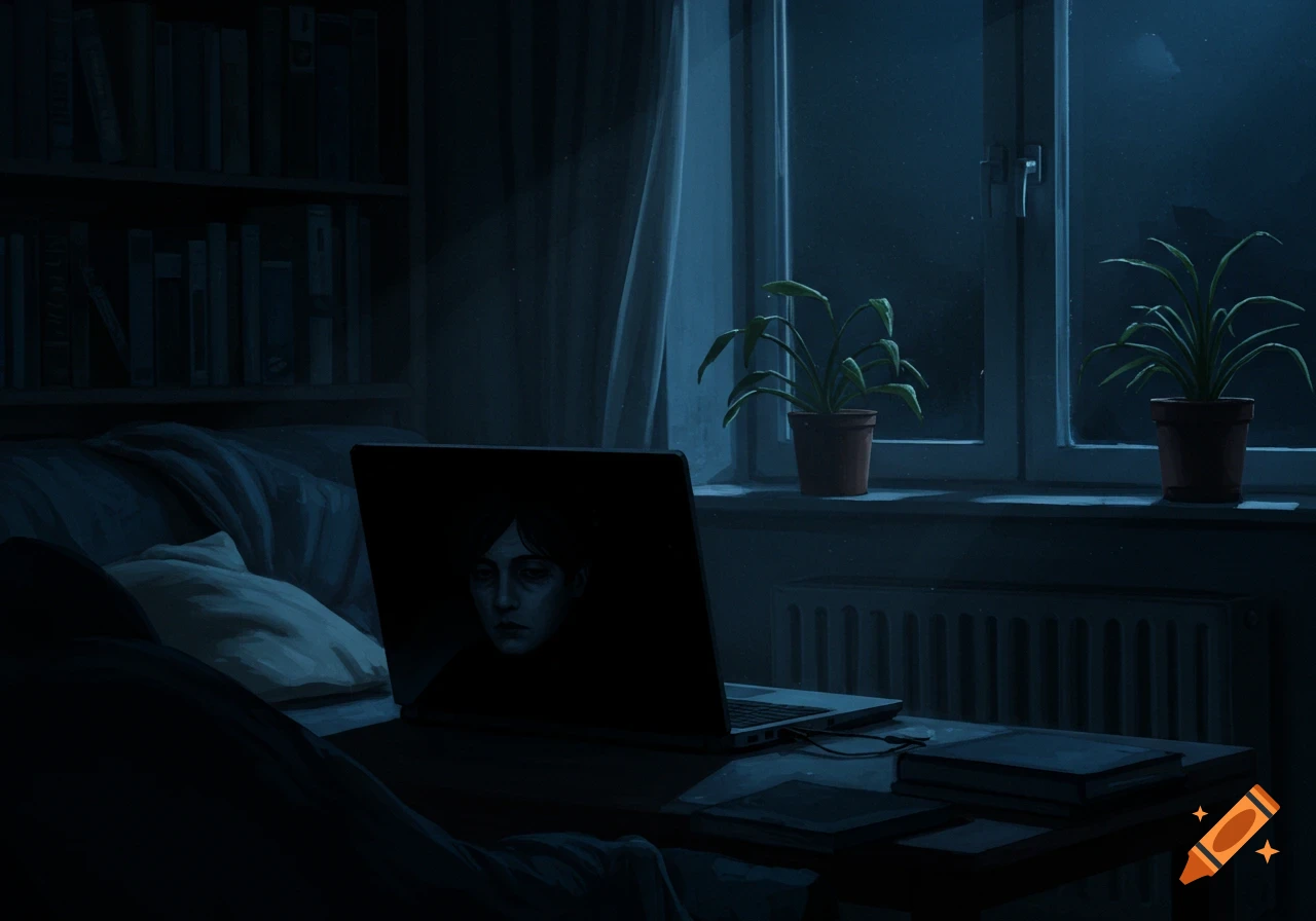 A dreary, dark room at night. A laptop screen reflects a pale, somber face. Bookshelves, plants, and a window are visible.