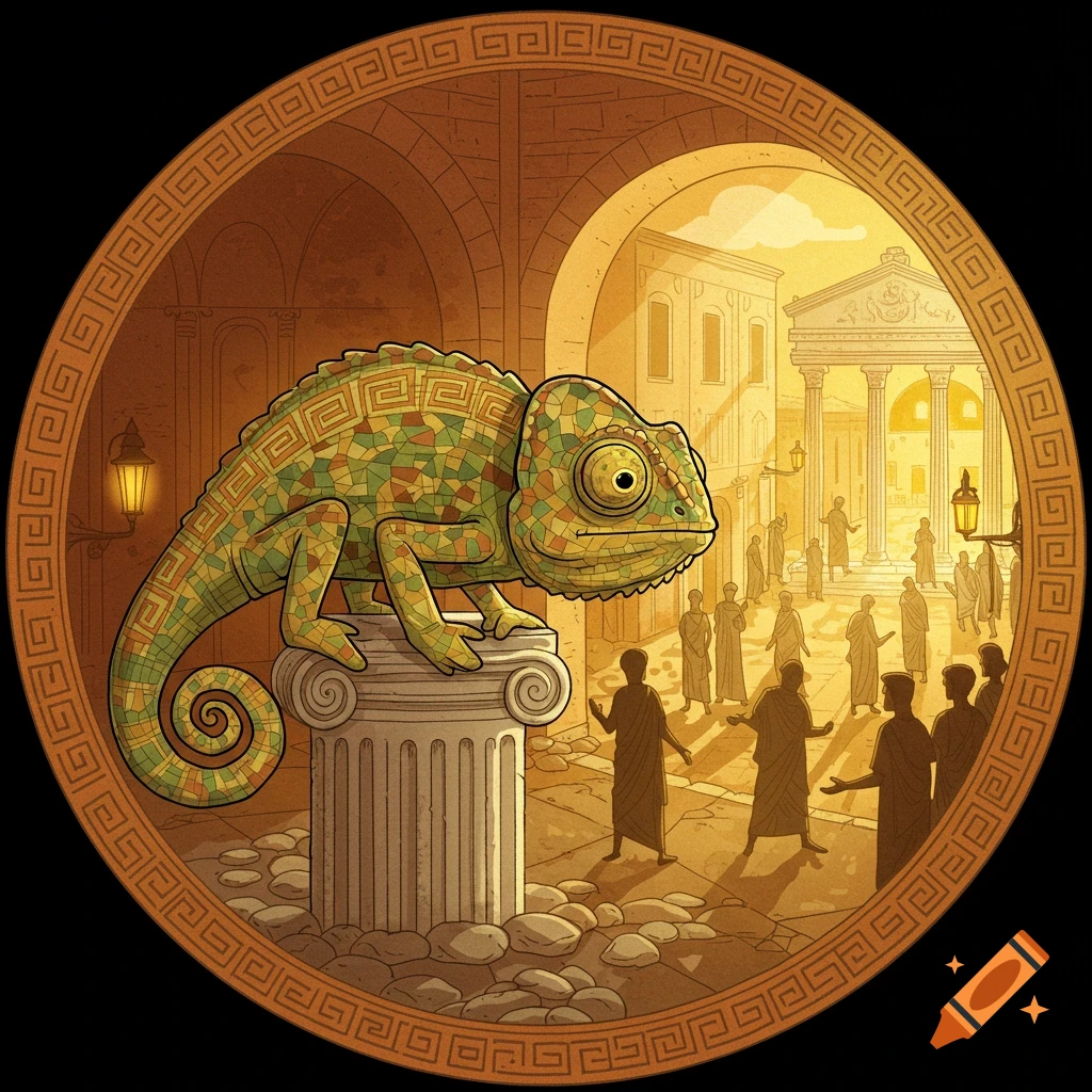 A round doodle illustration shows a mosaic-patterned chameleon on a column in an ancient Roman forum with many figures.