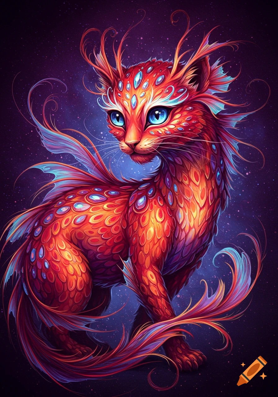 A vibrant oil painting of a fantastical red and orange feline creature with glowing blue eyes, jewel-like scales, and elegant fin-tendrils.