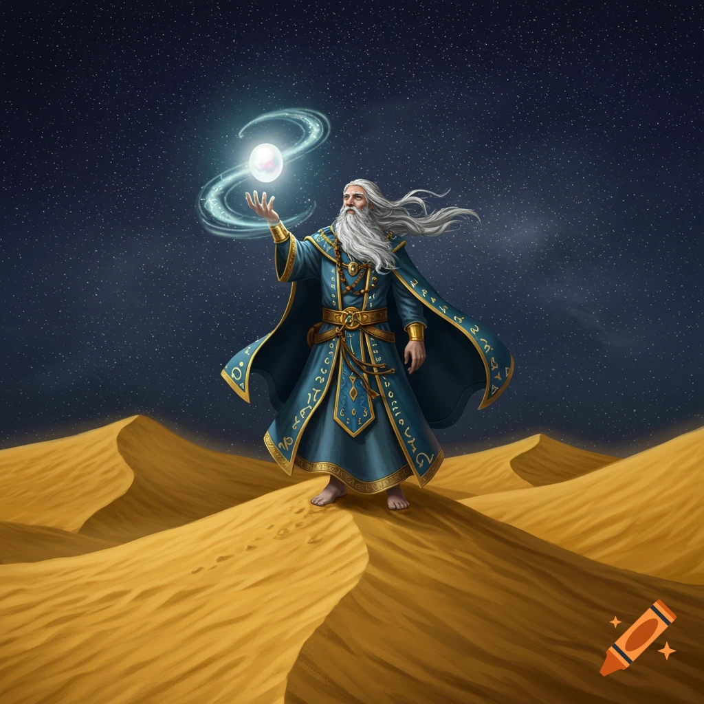A wise old wizard with a long white beard stands on desert dunes under a starry night, holding a glowing magical orb.