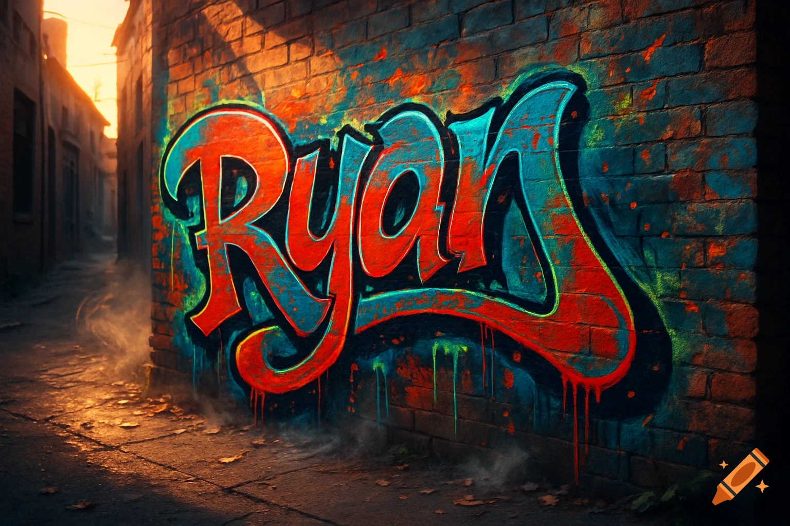 Red and blue graffiti spelling 'Ryan' on a brick wall in a sunlit alley with mist.