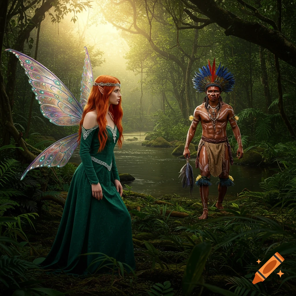 A red-haired fairy with iridescent wings observes an indigenous man with body paint and a feather headdress in a lush jungle by a river, photorealistic.